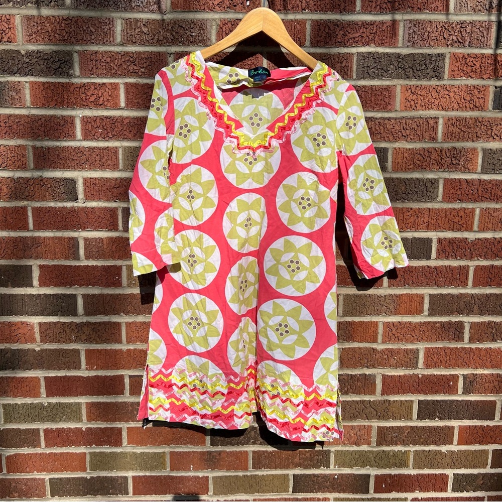 Borden Pink and Green Embroidered Hem V Neck Long Sleeve Shift Dress